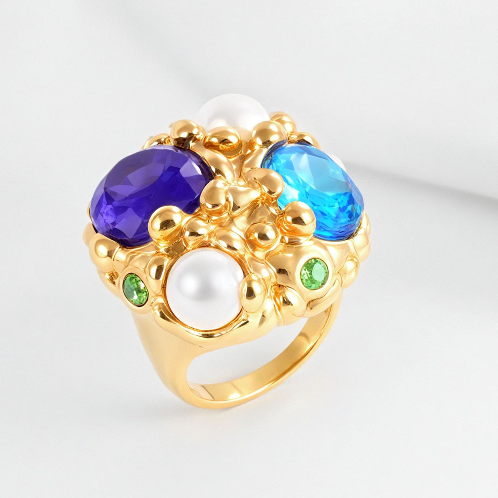 Gold Multi-Gemstone Cluster Cocktail Ring Size 8