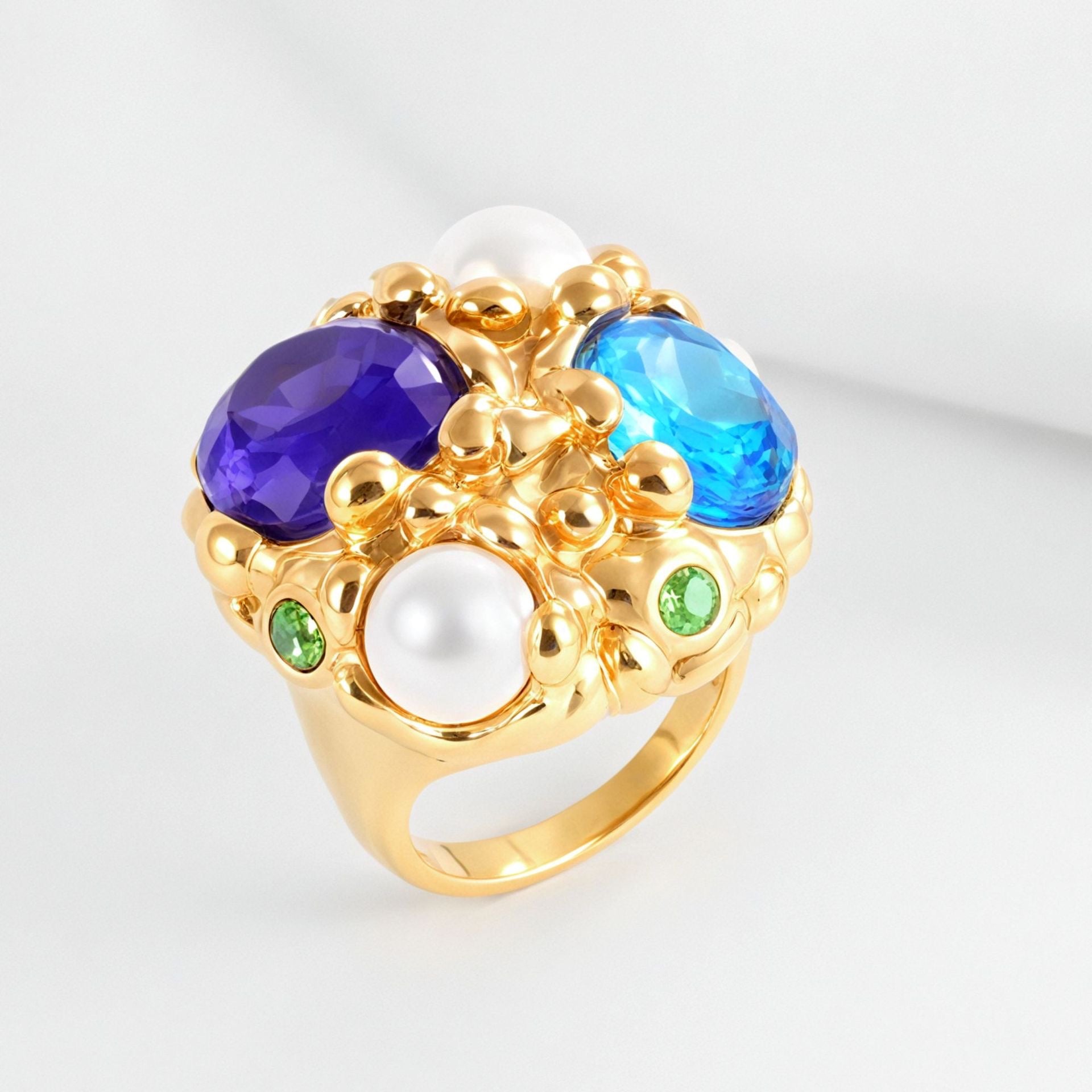 Gold Multi-Gemstone Cluster Cocktail Ring Size 8