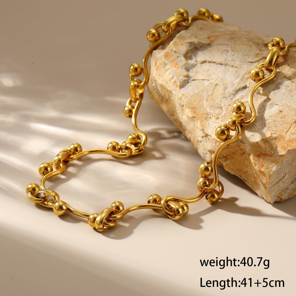 Sculptural Gold Bead Wave Chain Necklace & Bracelet Set