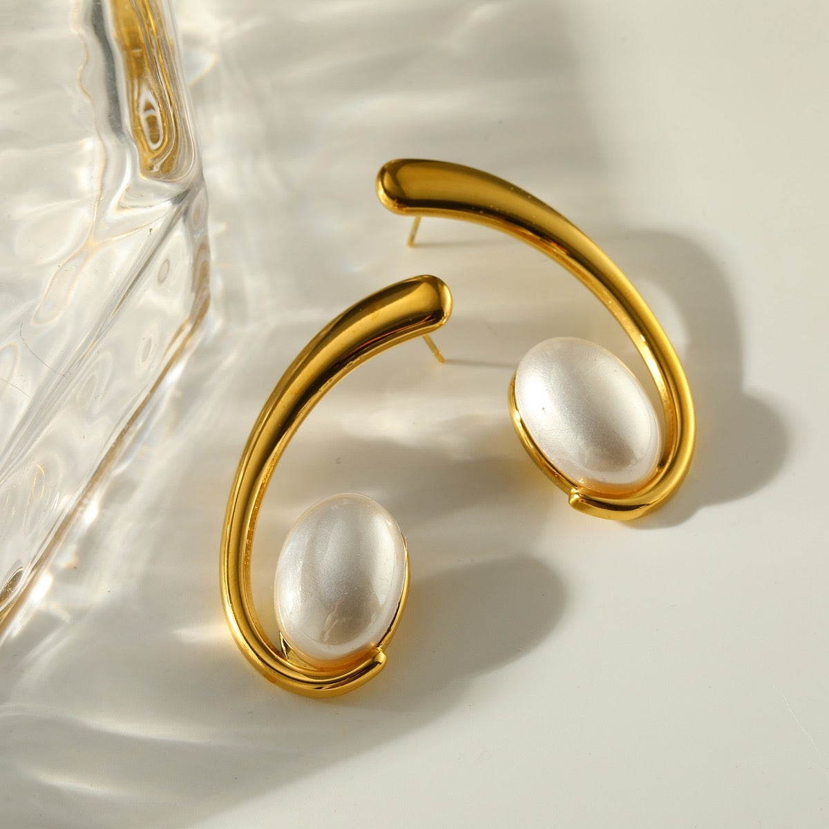 Gold Pearl Open Hoop Earrings