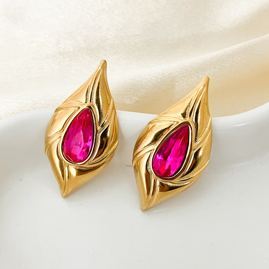 Gold Leaf Ruby Crystal Stud Earrings