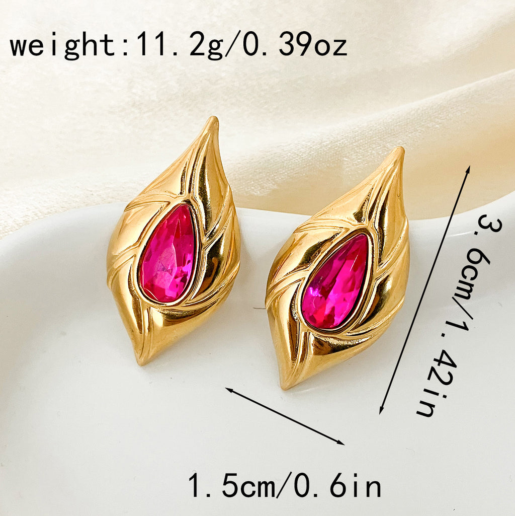 Gold Leaf Ruby Crystal Stud Earrings