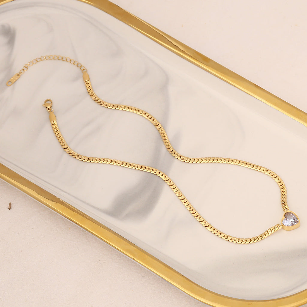 Gold Cuban Chain Heart CZ Jewelry Set — Necklace & Bracelet