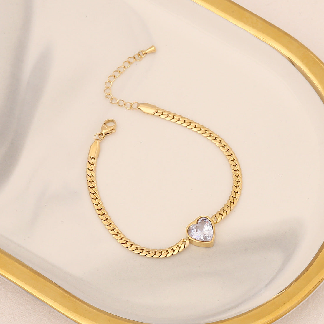 Gold Cuban Chain Heart CZ Jewelry Set — Necklace & Bracelet