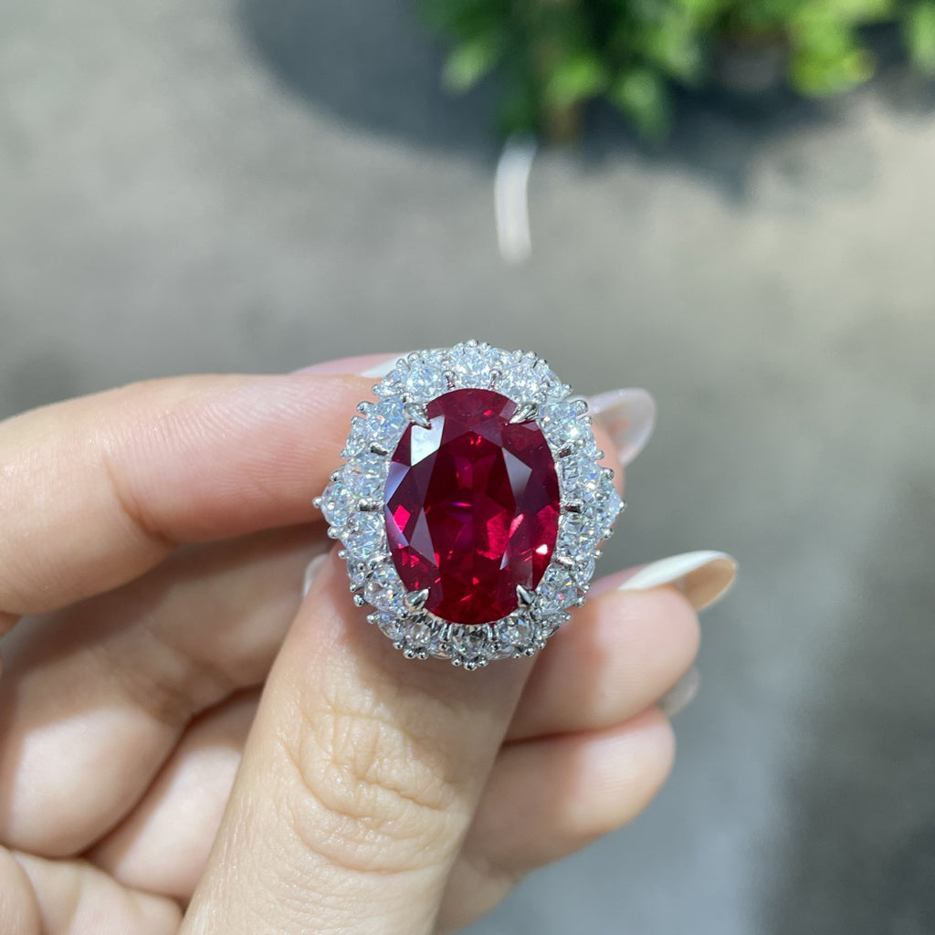 Lab-Created Ruby Red Halo Cocktail Ring Size 8