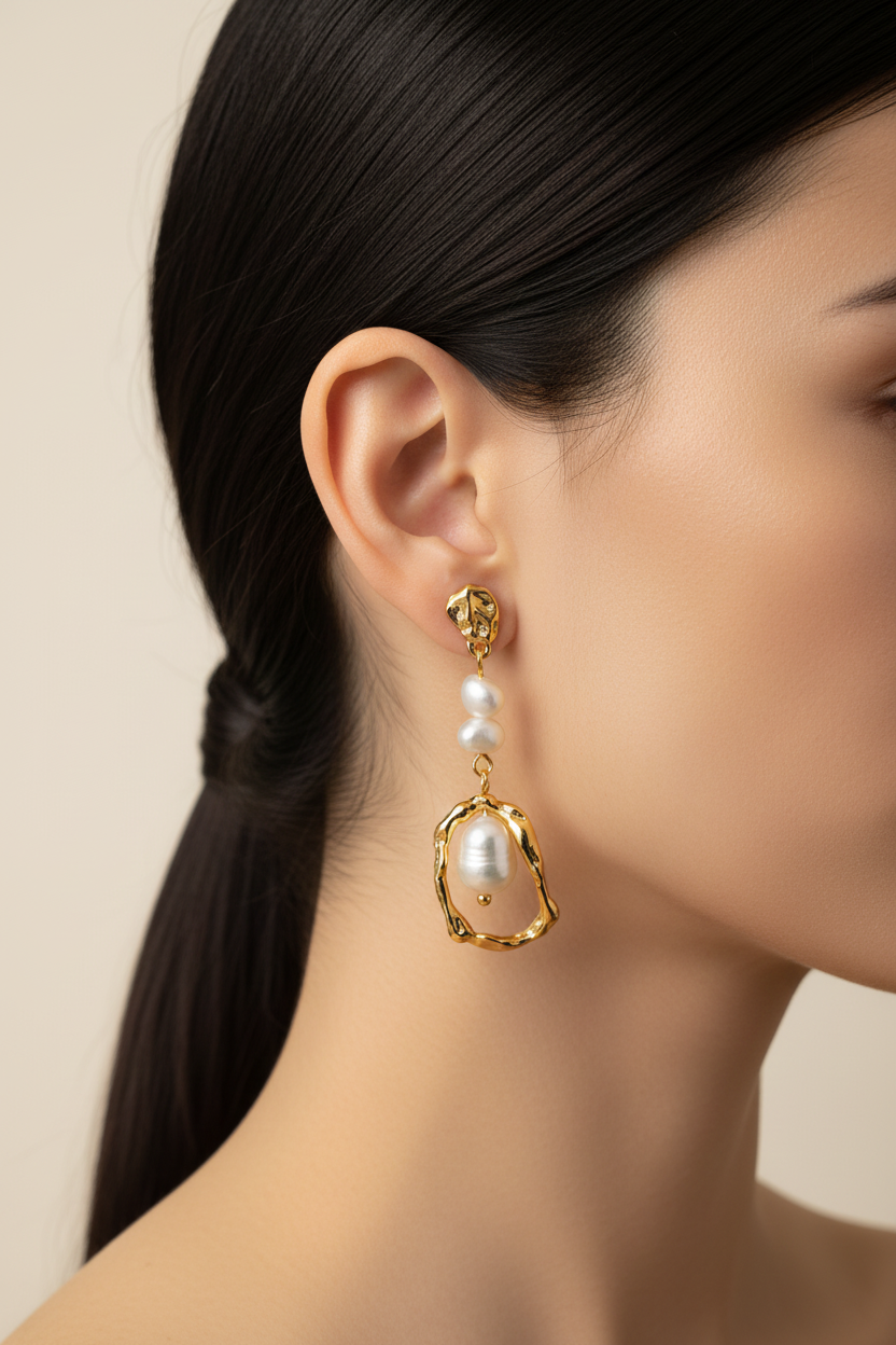 Baroque Pearl Gold Drop Earrings on Model