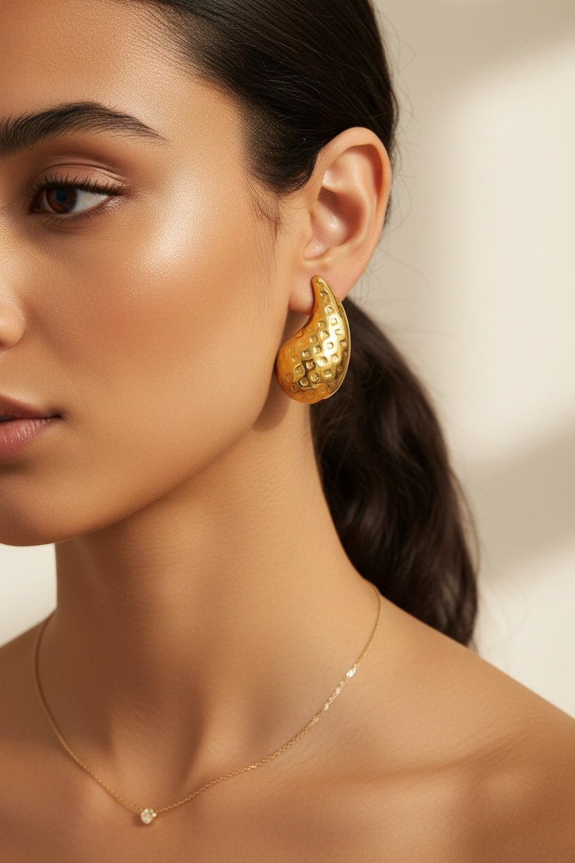 Gold Chunky Teardrop Earrings on Model