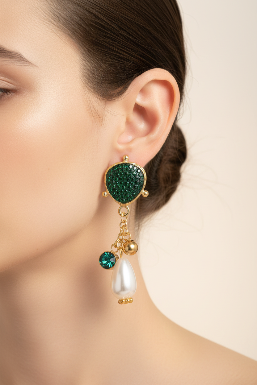 Green CZ Pearl Drop Earrings on Model