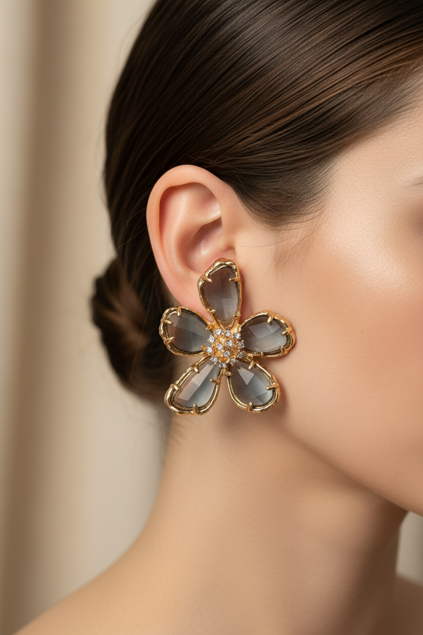 Grey Crystal Flower Stud Earrings on Model