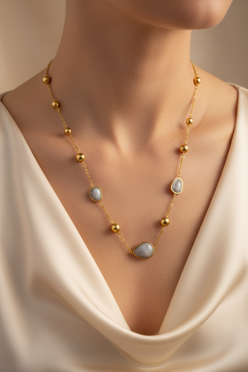 Grey Stone Station Necklace Model Shot