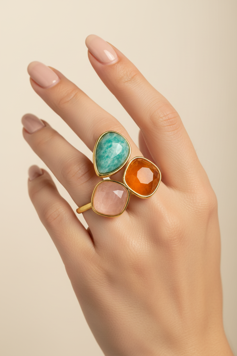 Model wearing Triple Stone 18K Gold Plated Cocktail Ring