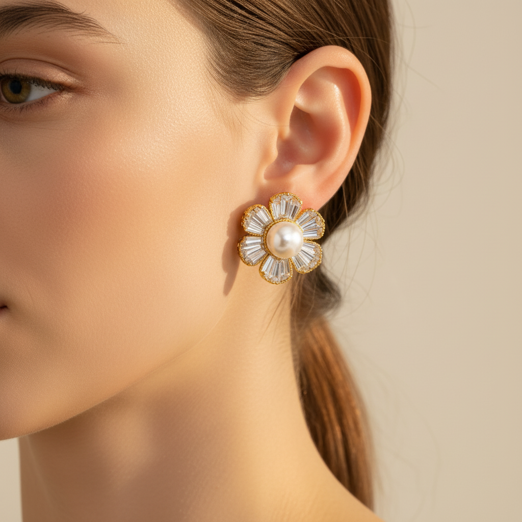 Model wearing Pearl Flower CZ Stud Earrings