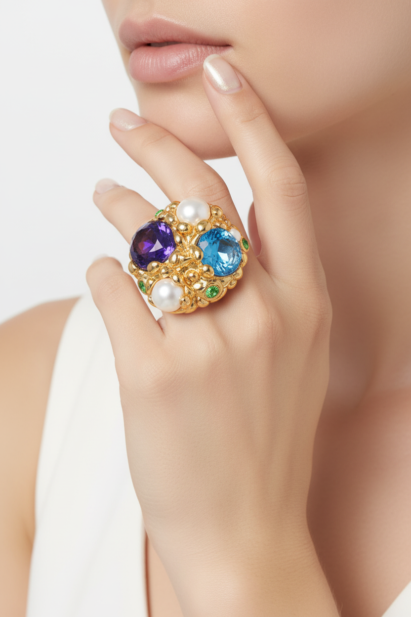Model wearing gold multi-gemstone cluster cocktail ring