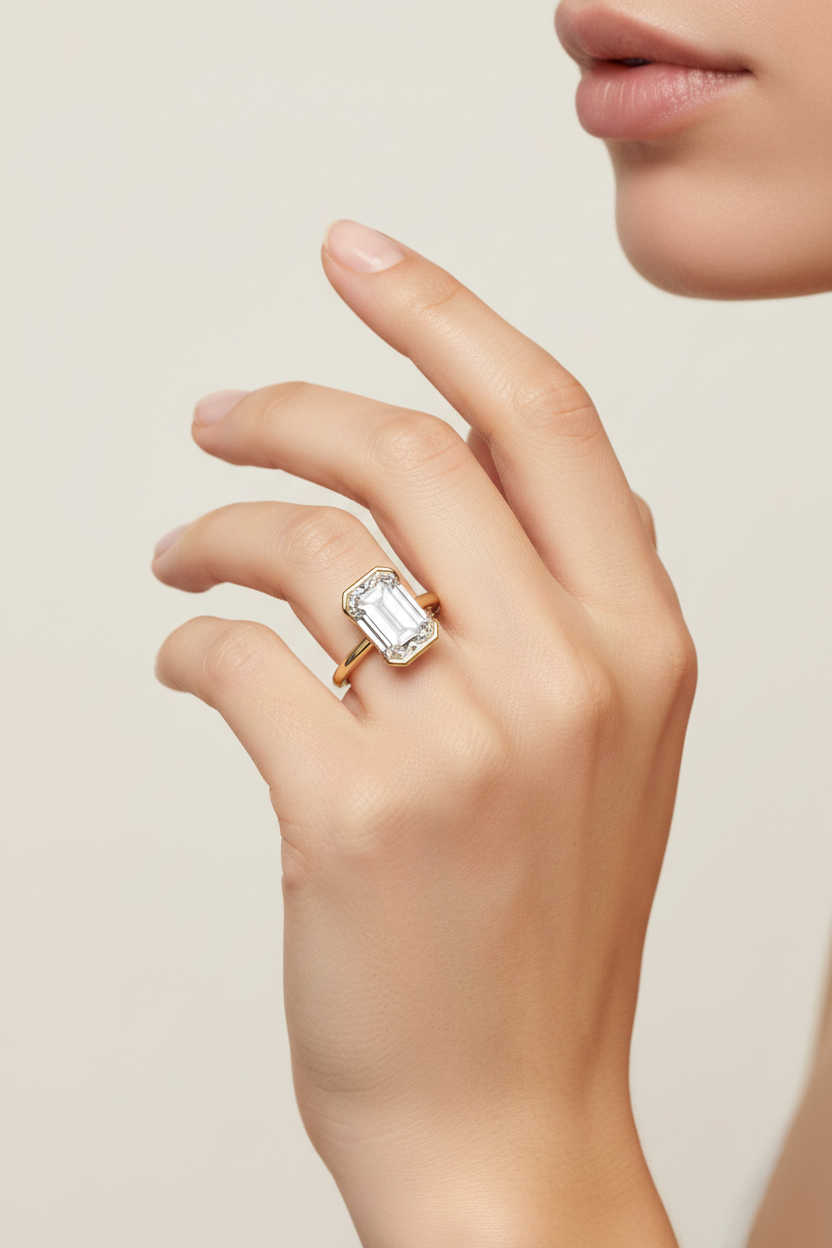 Model wearing Emerald Cut CZ Bezel Solitaire Ring