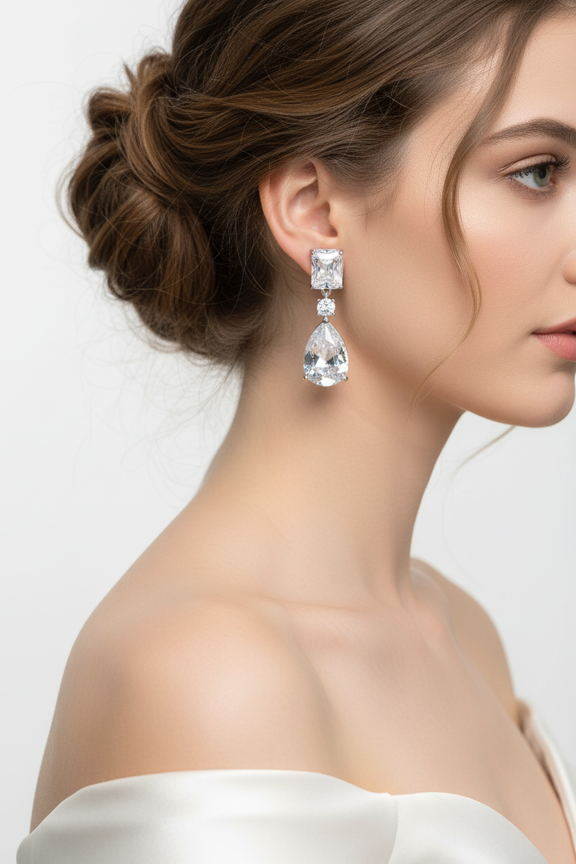 Model wearing Crystal Teardrop Drop Earrings