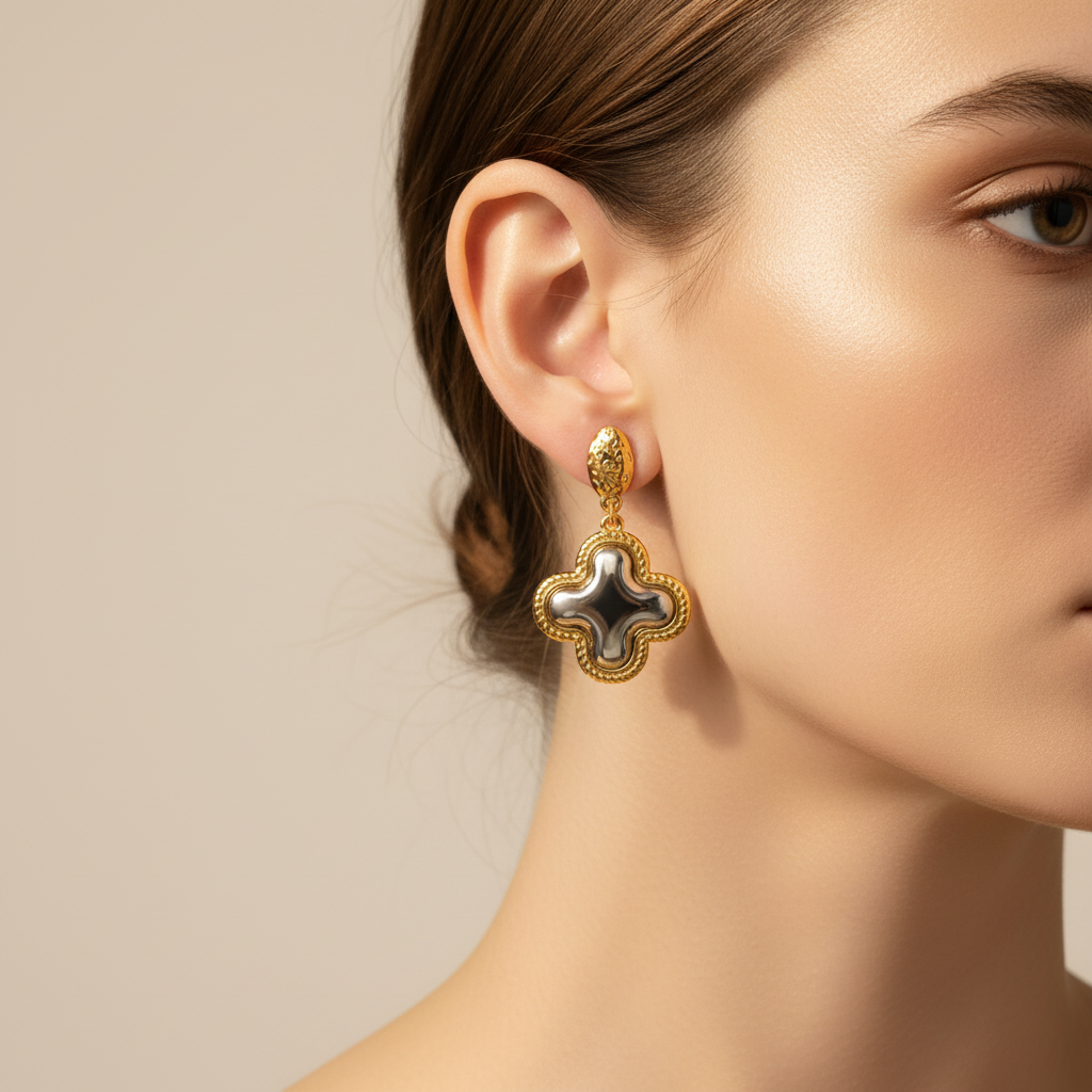 Model wearing Two-Tone Clover Drop Earrings