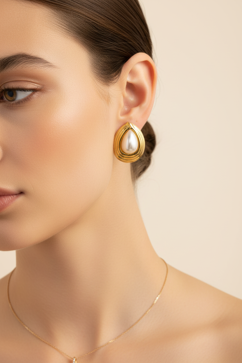 Model wearing Gold Teardrop Pearl Stud Earrings