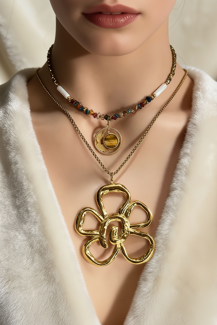 Editorial model shot wearing layered gold flower necklace set