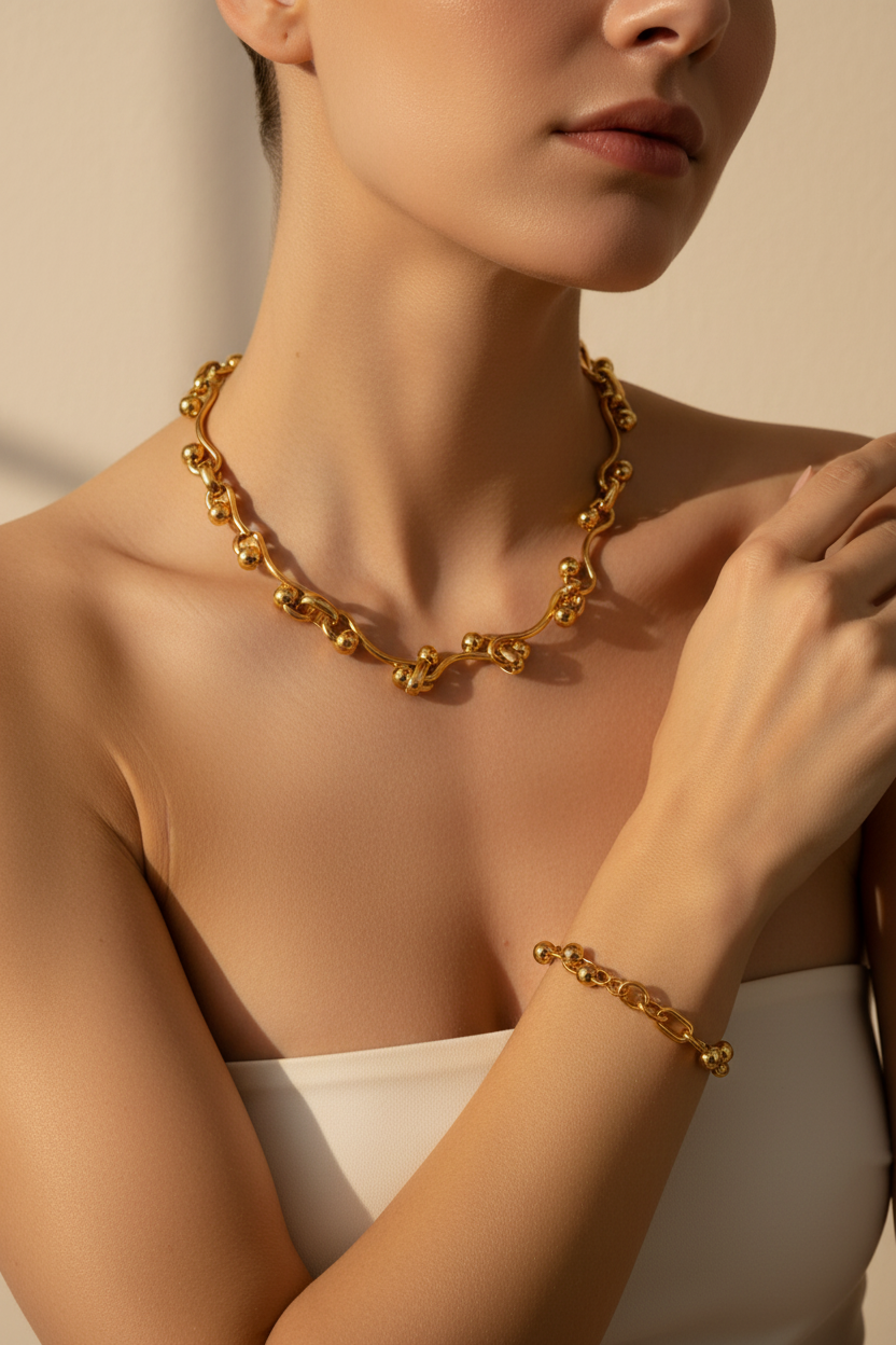 Model wearing Sculptural Gold Bead Wave Chain Necklace and Bracelet Set