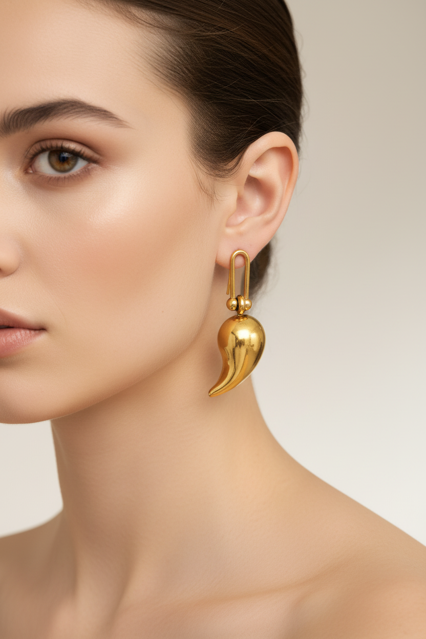 Model wearing smooth gold chili pepper drop earrings