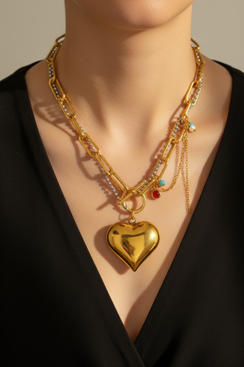 Layered Gold Heart Pendant Necklace Model Shot