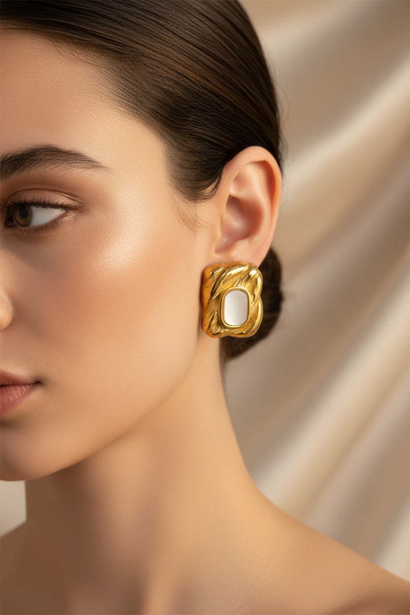 Model wearing Gold Textured Square Opal Stud Earrings