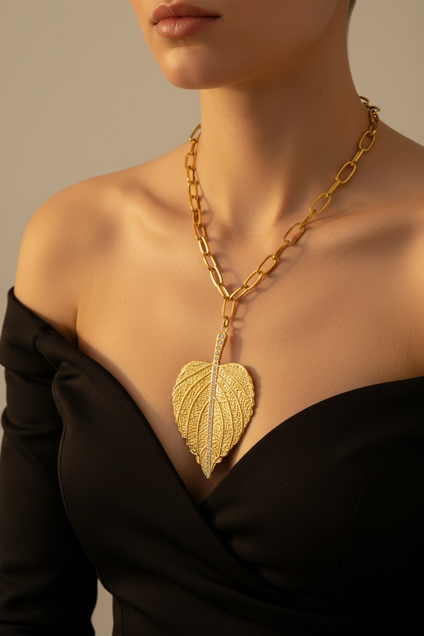 Oversized Gold Leaf Paperclip Necklace on Model