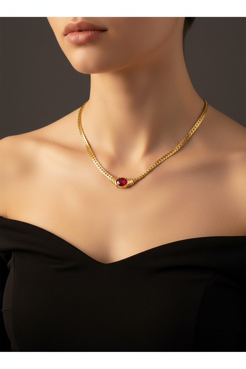 Ruby Red CZ Cuban Chain Necklace on Model
