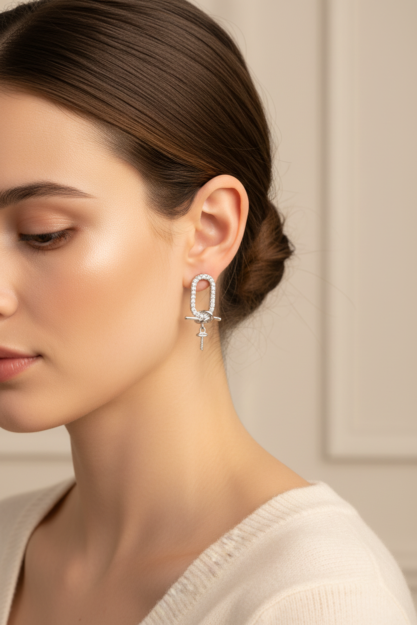 Silver Pavé Link Earrings Model