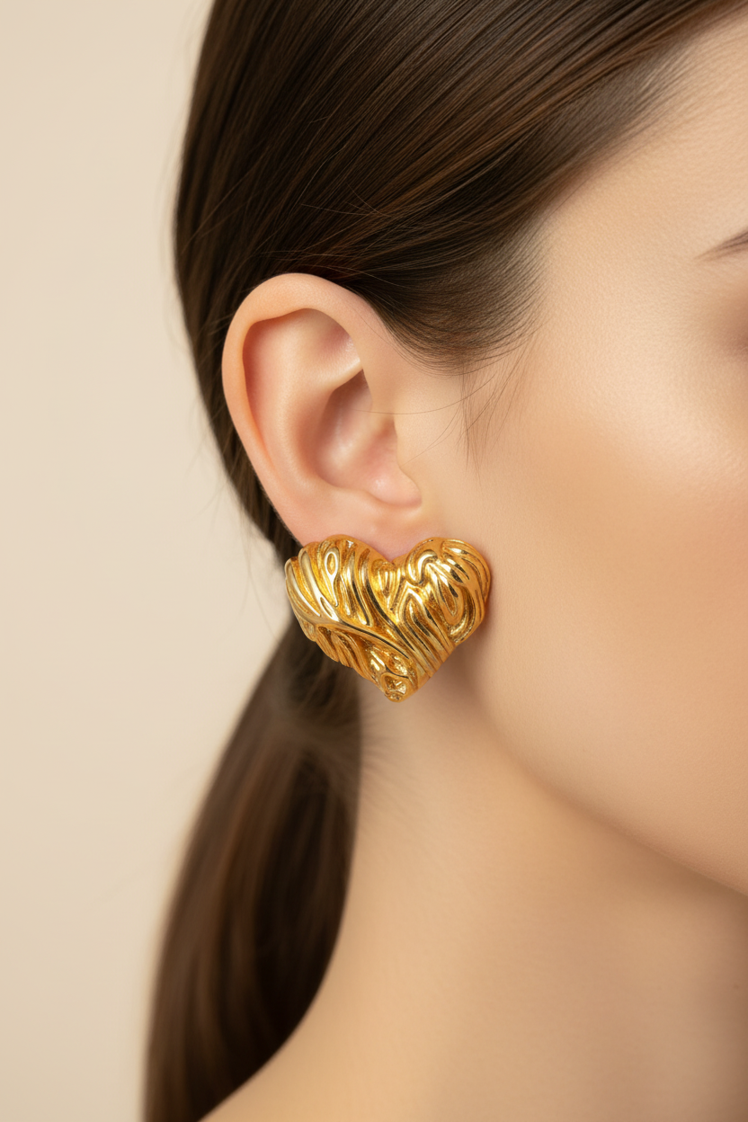 Textured Gold Heart Stud Earrings on Model
